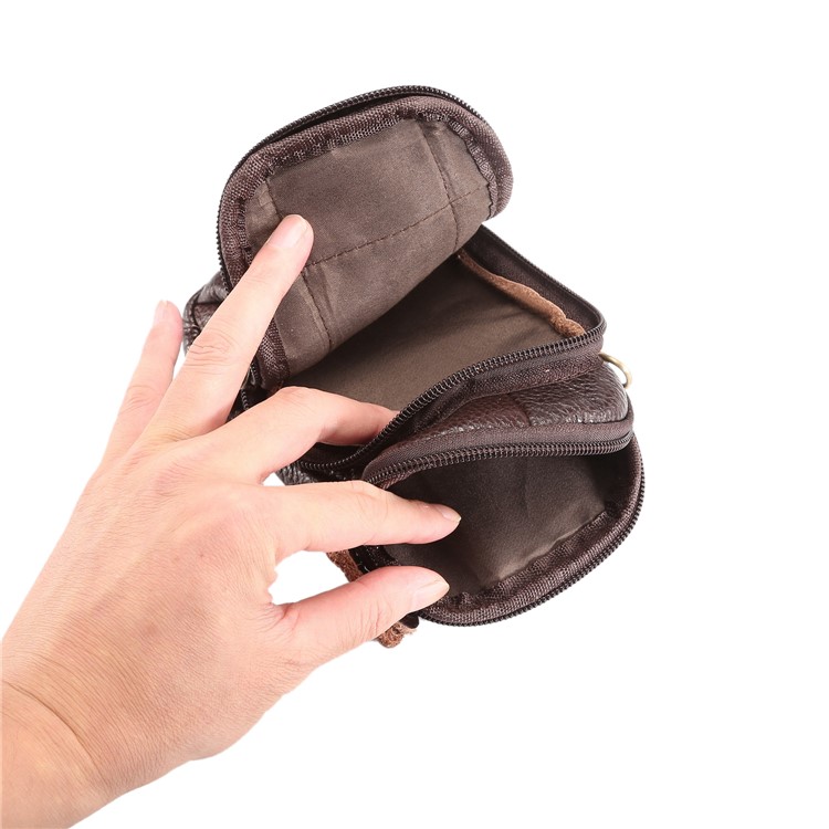 Litchi Grain Genuine Leather Dual-pocket Zipper Sling Bag Waist Bag for iPhone X/Samsung Galaxy Note 8, Size: 10.5 x 17cm - Coffee-10