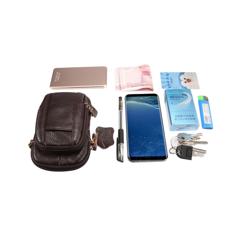 Litchi Grain Genuine Leather Dual-pocket Zipper Sling Bag Waist Bag for iPhone X/Samsung Galaxy Note 8, Size: 10.5 x 17cm - Coffee-11