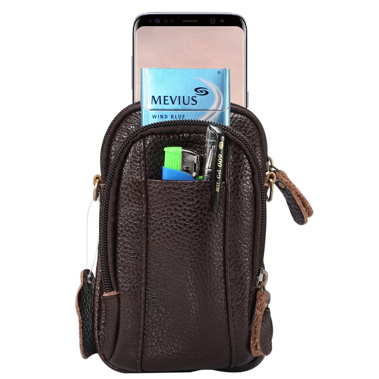 Litchi Grain Genuine Leather Dual-pocket Zipper Sling Bag Waist Bag for iPhone X/Samsung Galaxy Note 8, Size: 10.5 x 17cm - Coffee-3