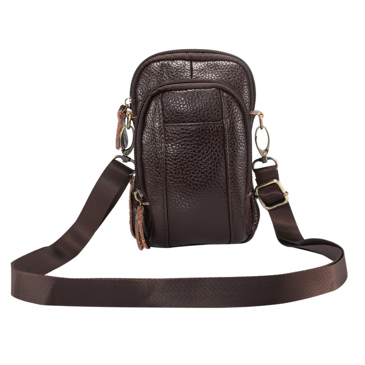 Litchi Grain Genuine Leather Dual-pocket Zipper Sling Bag Waist Bag for iPhone X/Samsung Galaxy Note 8, Size: 10.5 x 17cm - Coffee-4