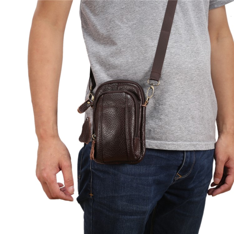 Litchi Grain Genuine Leather Dual-pocket Zipper Sling Bag Waist Bag for iPhone X/Samsung Galaxy Note 8, Size: 10.5 x 17cm - Coffee-5