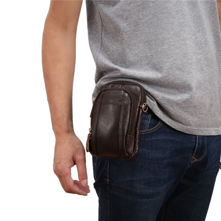 Litchi Grain Genuine Leather Dual-pocket Zipper Sling Bag Waist Bag for iPhone X/Samsung Galaxy Note 8, Size: 10.5 x 17cm - Coffee-6