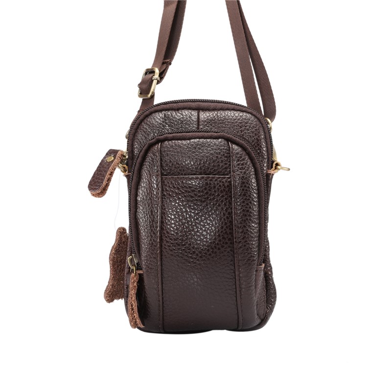 Litchi Grain Genuine Leather Dual-pocket Zipper Sling Bag Waist Bag for iPhone X/Samsung Galaxy Note 8, Size: 10.5 x 17cm - Coffee-7