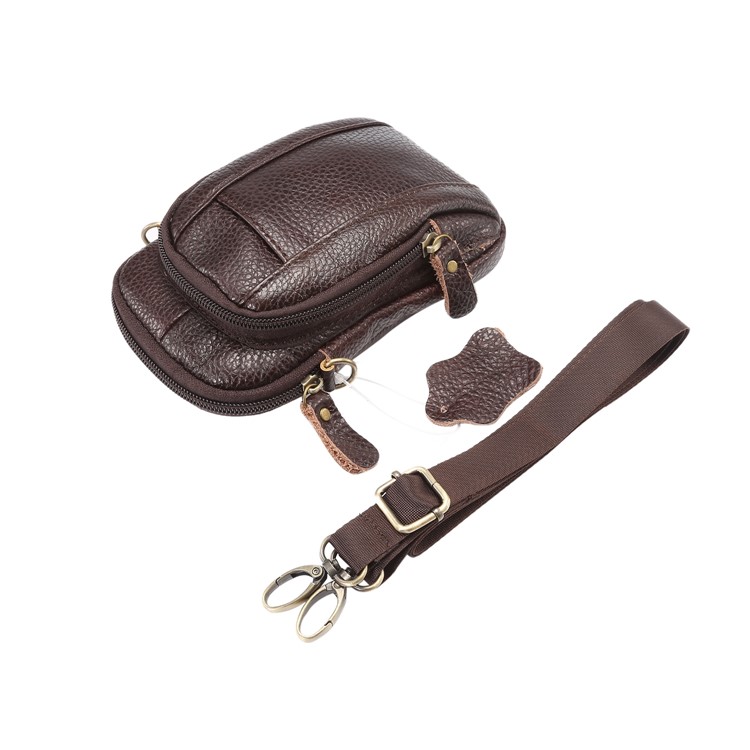Litchi Grain Genuine Leather Dual-pocket Zipper Sling Bag Waist Bag for iPhone X/Samsung Galaxy Note 8, Size: 10.5 x 17cm - Coffee-8