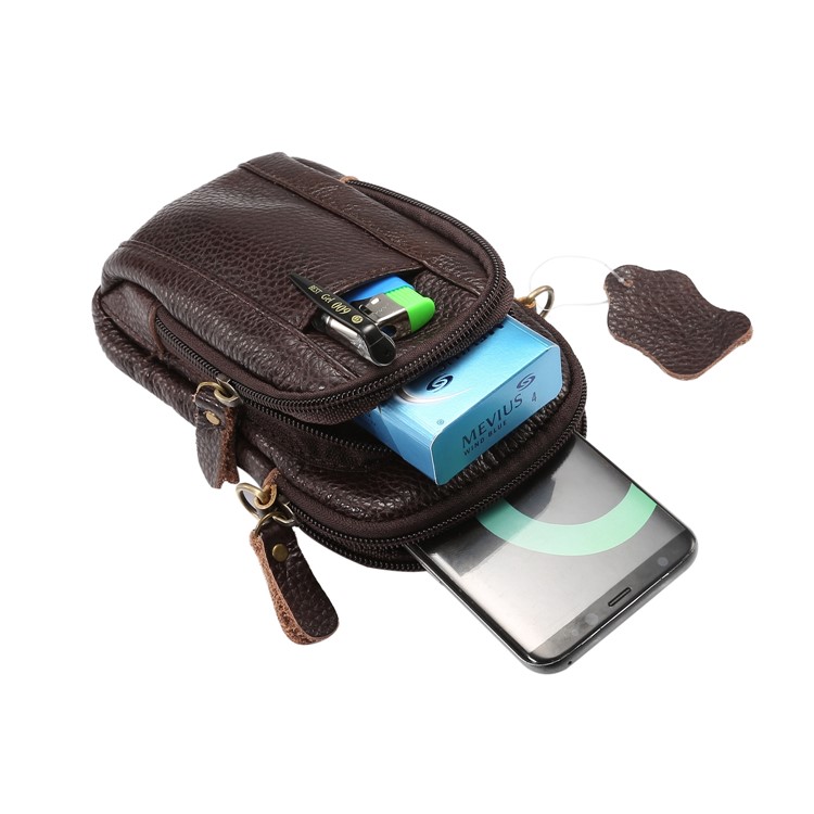 Litchi Grain Genuine Leather Dual-pocket Zipper Sling Bag Waist Bag for iPhone X/Samsung Galaxy Note 8, Size: 10.5 x 17cm - Coffee-9