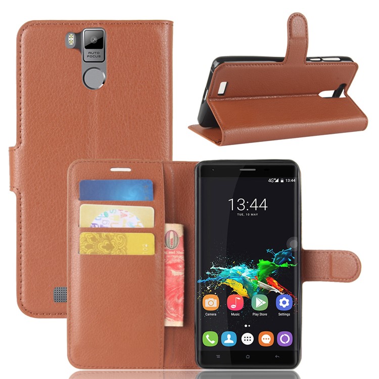 Litchi Skin Wallet Leather Cover with Stand for Oukitel K6000 Pro - Brown-1