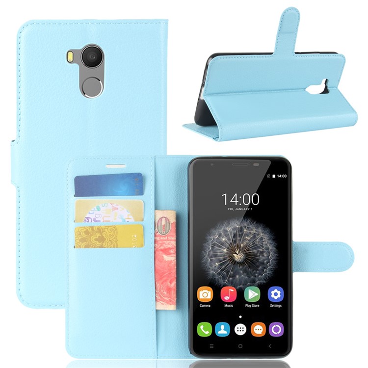 Litchi Texture Card Holder Leather Mobile Case for Oukitel U15 Pro - Blue-1