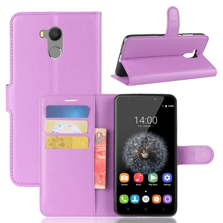 Litchi Texture Card Holder Leather Mobile Cover for Oukitel U15 Pro - Purple-1