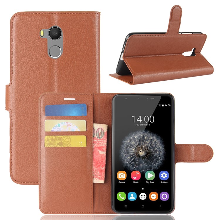 Litchi Texture Card Holder Leather Mobile Shell for Oukitel U15 Pro - Brown-1