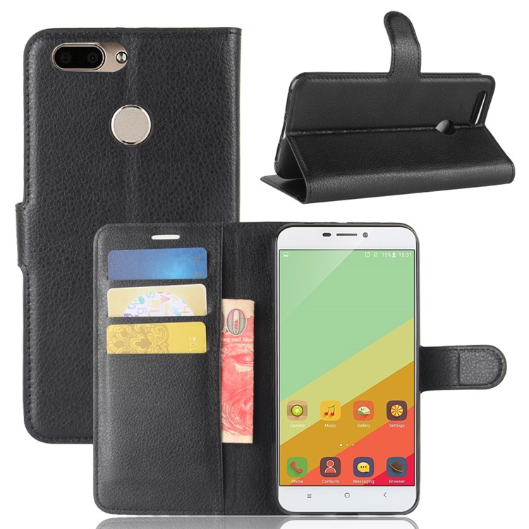Litchi Grain Wallet Stand Leather Cell Phone Case for Oukitel U20 Plus - Black-1