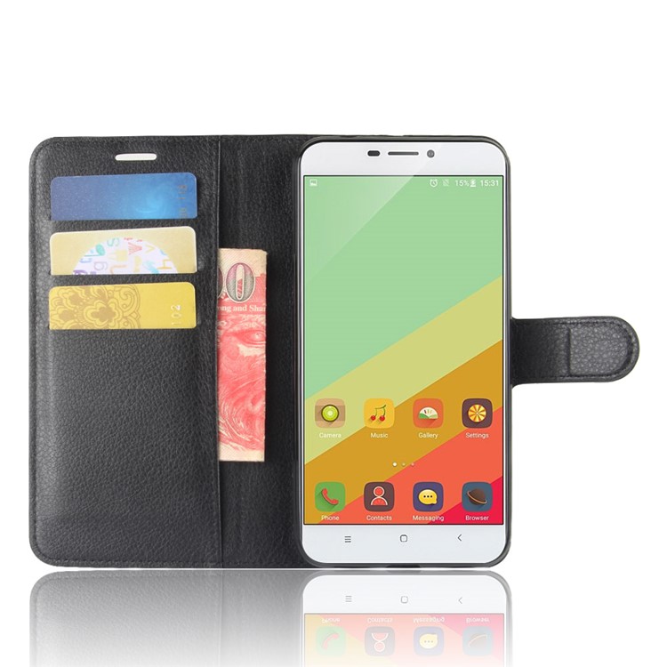 Litchi Grain Wallet Stand Leather Cell Phone Case for Oukitel U20 Plus - Black-4