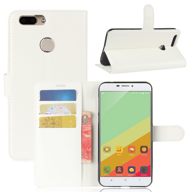 Litchi Grain Wallet Stand Leather Cell Phone Cover for Oukitel U20 Plus - White-1