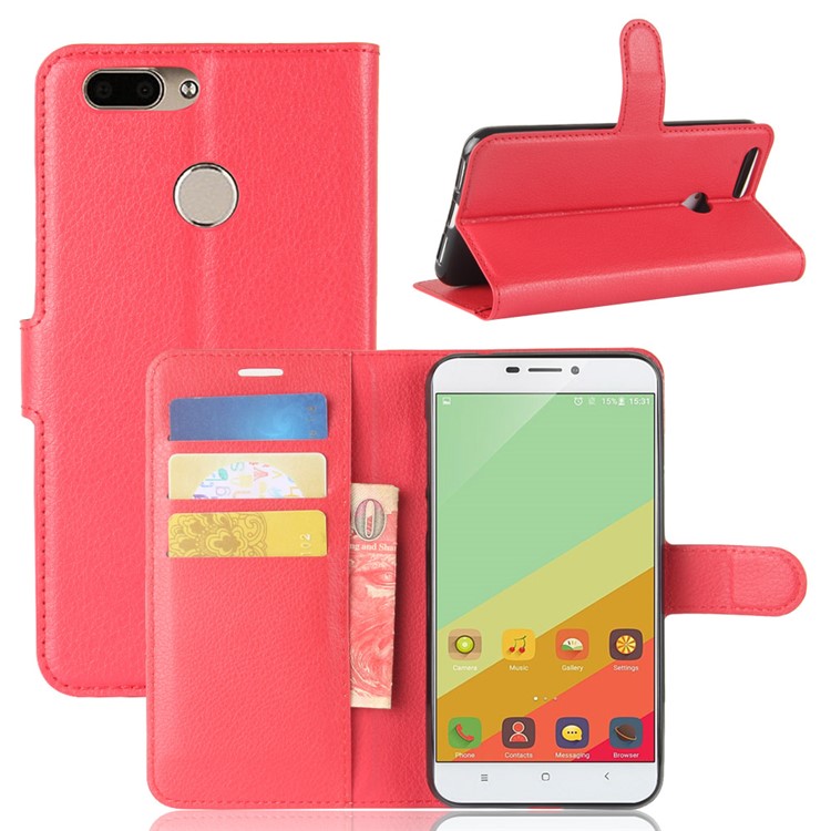 Litchi Grain Wallet Stand Leather Cell Phone Shell for Oukitel U20 Plus - Red-1