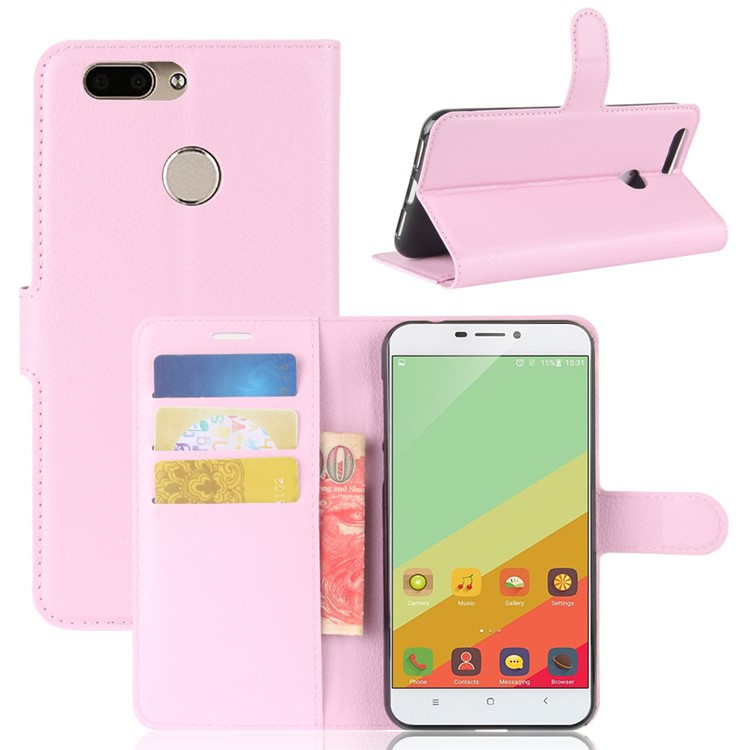 Litchi Grain PU Leather Wallet Stand Mobile Phone Cover for Oukitel U20 Plus - Pink-1