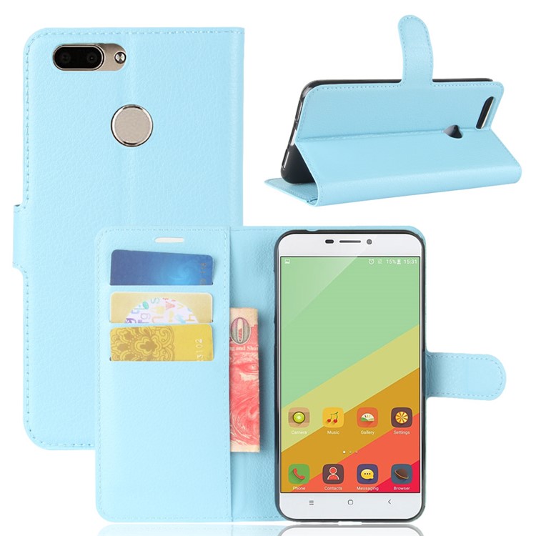 Litchi Grain Card Holder Leather Mobile Case Cover for Oukitel U20 Plus - Blue-1