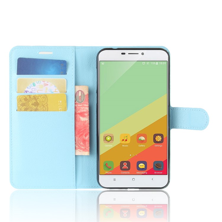 Litchi Grain Card Holder Leather Mobile Case Cover for Oukitel U20 Plus - Blue-4