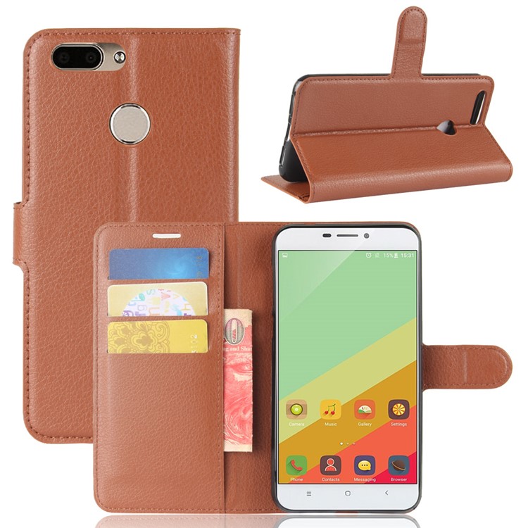 Litchi Grain PU Leather Magnetic Wallet Cover Shell for Oukitel U20 Plus - Brown-1