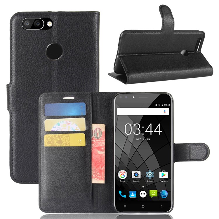 Litchi Skin Wallet Leather Stand Case for Oukitel U22 - Black-1
