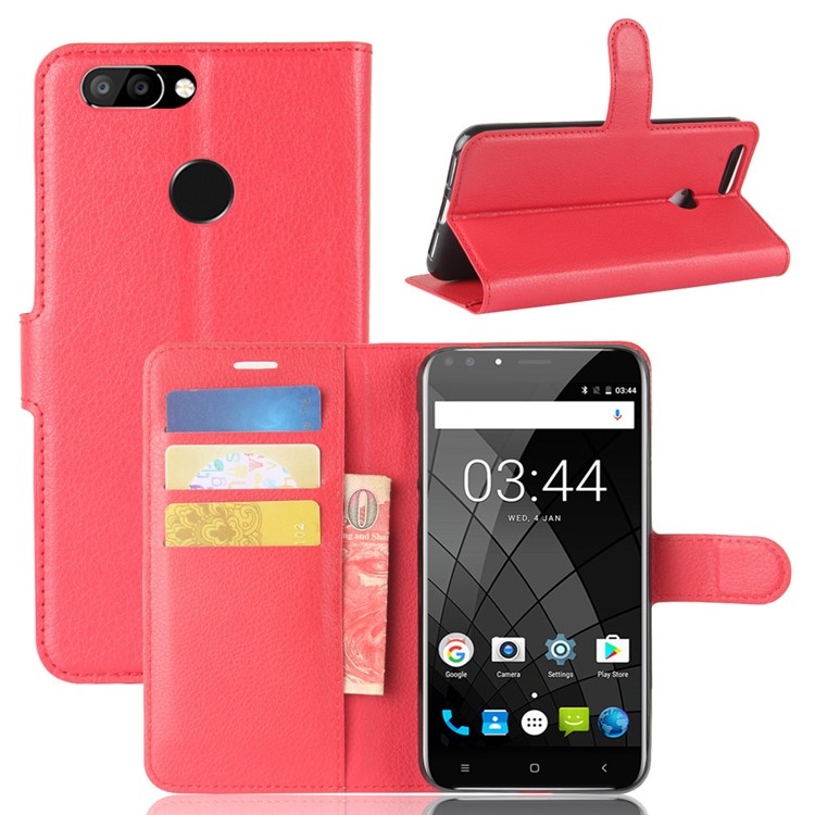 Litchi Skin Wallet Leather Magnetic Case for Oukitel U22 - Red-1