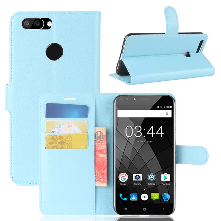 Litchi Skin Leather Stand Case with Card Slots for Oukitel U22 - Baby Blue-1