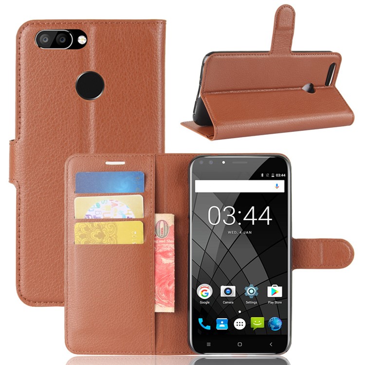 Litchi Skin Wallet Leather Stand Shell Case for Oukitel U22 - Brown-1
