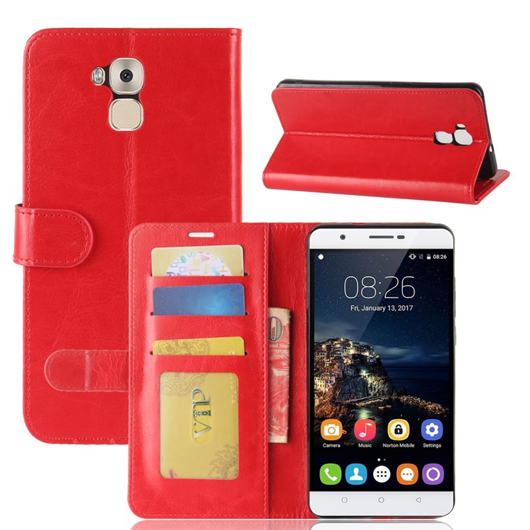 Crazy Horse Texture Wallet Stand Leather Phone Shell for Oukitel U16 Max - Red-8