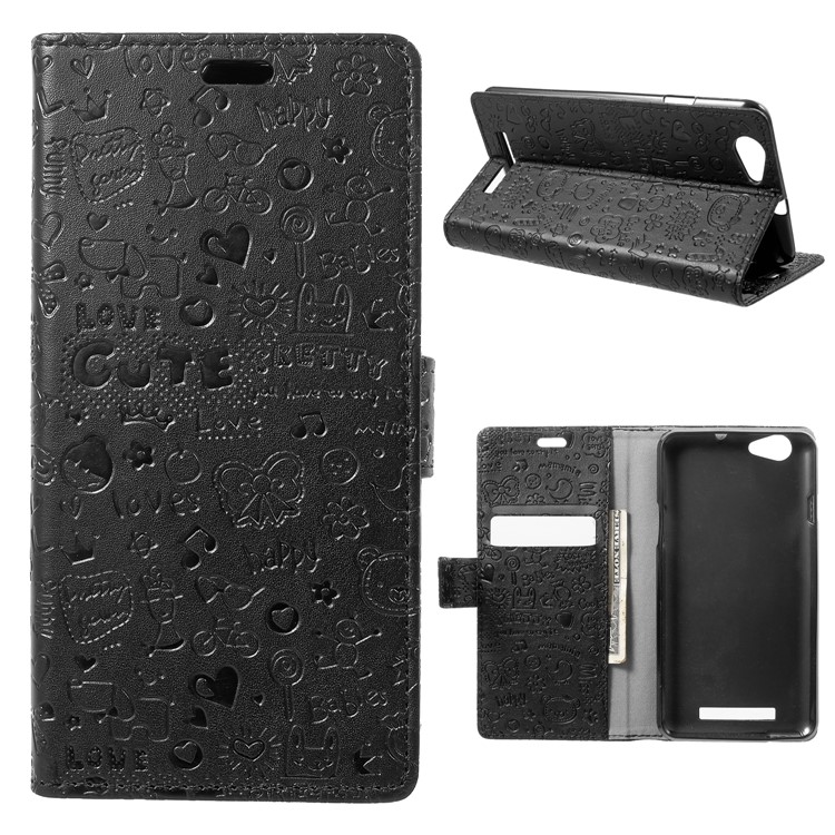 Cartoon Graffiti Flip Leather Wallet Stand Case for Wileyfox Spark X - Black-1