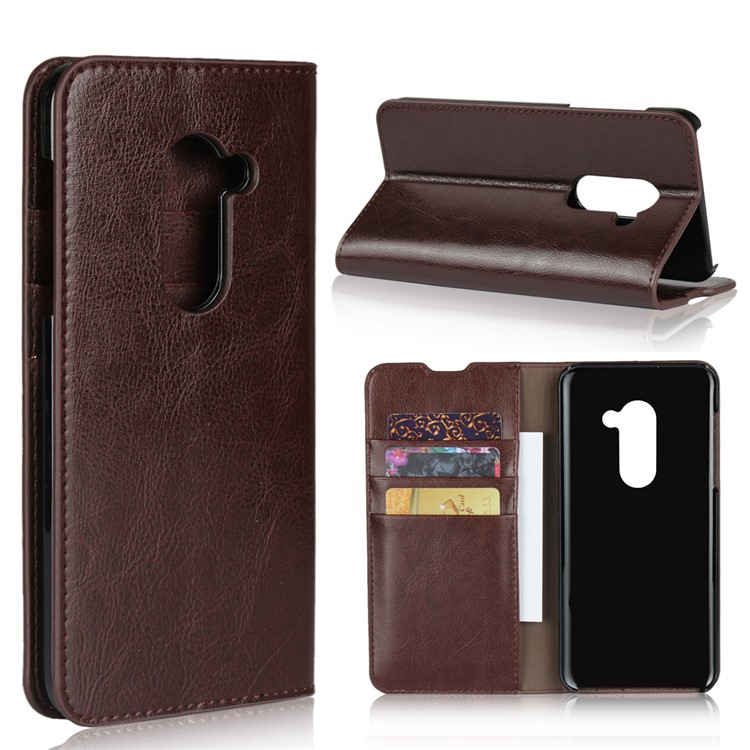 Crazy Horse Genuine Leather Case with 3 Card Slots for AQUOS Zero - Coffee-1