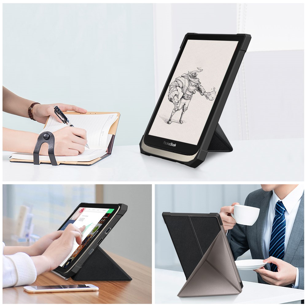 Origami Stand Design Plain Leather Smart Case for Pockebook 740/741 - Black-3