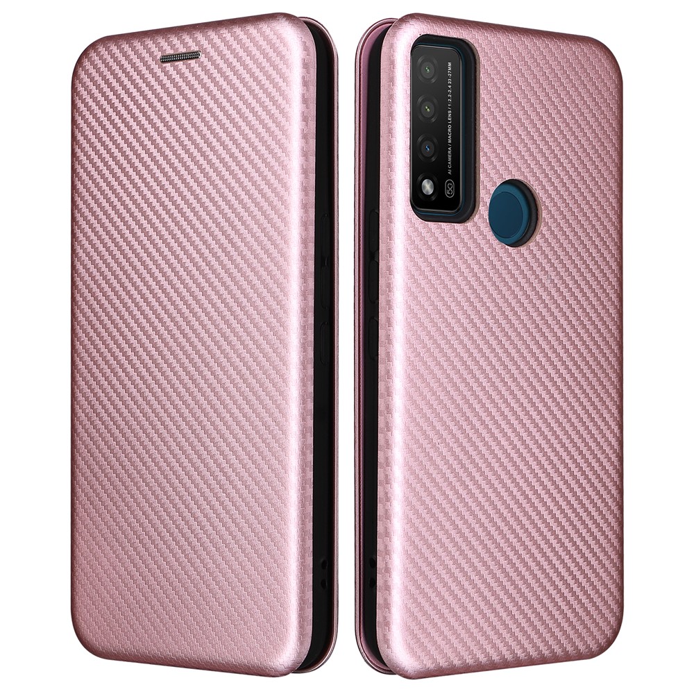 Stand Function Carbon Fiber Texture PU Leather Auto Magnetic Closed Case with Card Slot for TCL 20 R 5G / 20AX - Rose Gold-1