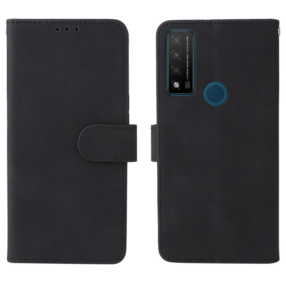 Stand Design Flip Phone Cover Skin-touch Wallet Handy Strap Leather Protective Cover Case for TCL 20R 5G (20AX) - Black-1