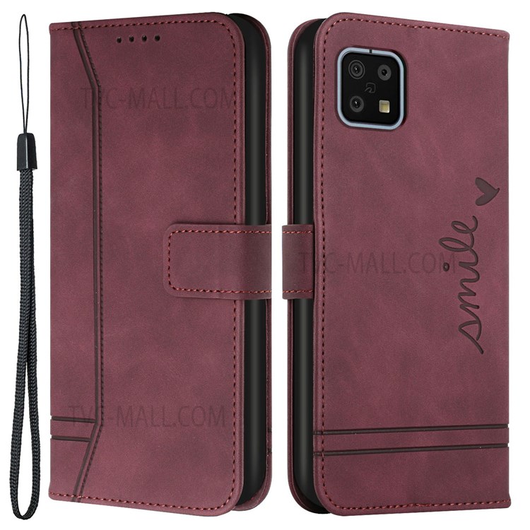 003 Series Flip Wallet PU Leather Heart Shape Imprinted Magnetic Skin-touch Stand Phone Case with Strap for Sharp Aquos Sense6 - Red-1