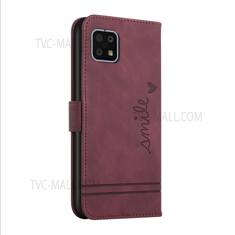 003 Series Flip Wallet PU Leather Heart Shape Imprinted Magnetic Skin-touch Stand Phone Case with Strap for Sharp Aquos Sense6 - Red-3