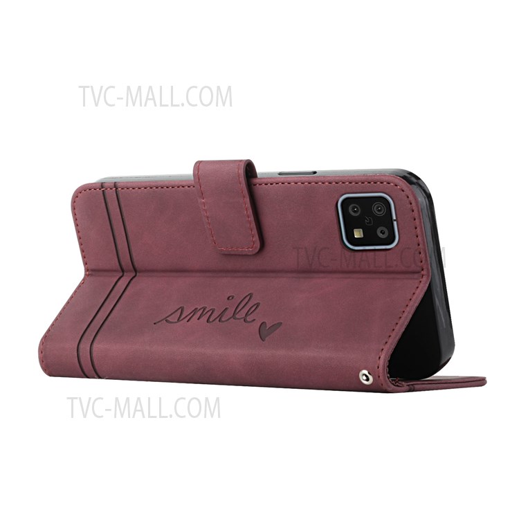 003 Series Flip Wallet PU Leather Heart Shape Imprinted Magnetic Skin-touch Stand Phone Case with Strap for Sharp Aquos Sense6 - Red-5