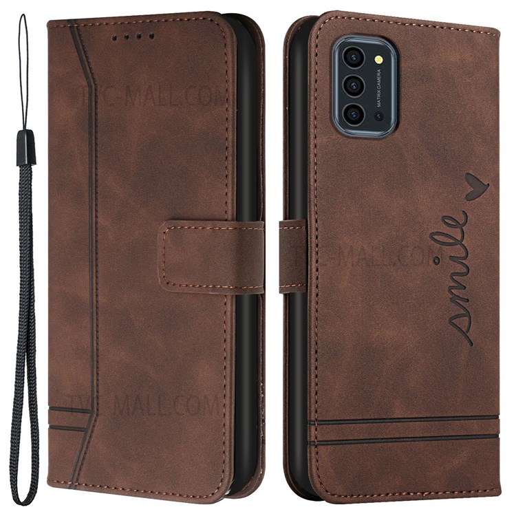 003 Series Shockproof PU Leather Heart Shape Imprinted Magnetic Closure Stand Flip Wallet Phone Case with Strap for Oukitel K9 Pro - Coffee-1