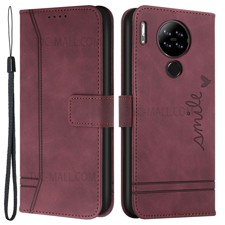 003 Series Flip Wallet Function PU Leather Heart Shape Imprinted Magnetic Skin-touch Stand Phone Case with Strap for Blackview A80 /A80S - Red-1