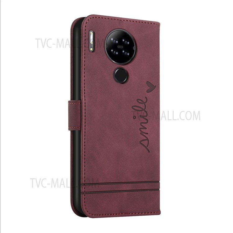 003 Series Flip Wallet Function PU Leather Heart Shape Imprinted Magnetic Skin-touch Stand Phone Case with Strap for Blackview A80 /A80S - Red-3