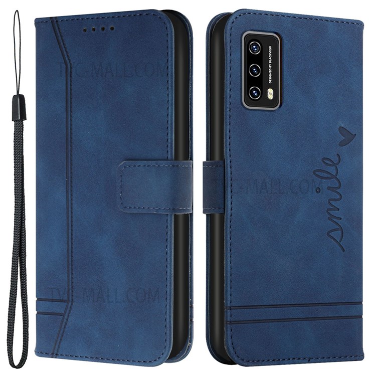 003 Series Skin-touch PU Leather Phone Cover Heart Shape Imprinted Magnetic Supporting Stand Flip Wallet Phone Case with Strap for Blackview A90 - Blue-1