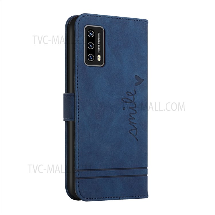 003 Series Skin-touch PU Leather Phone Cover Heart Shape Imprinted Magnetic Supporting Stand Flip Wallet Phone Case with Strap for Blackview A90 - Blue-3