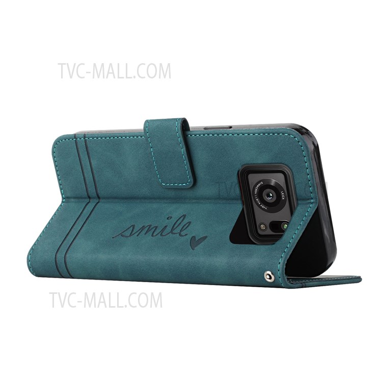 003 Series Heart Shape Imprinted Wallet Case Skin-touch Leather Shockproof Flip Stand Case for with Strap for Sharp Aquos R6 - Green-5