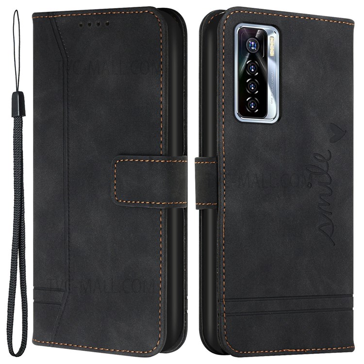 003 Series Skin-touch PU Leather Flip Case Heart Shape Imprinted Stand Wallet Cover with Strap for Infinix Tecno Camon 17 Pro - Black-1