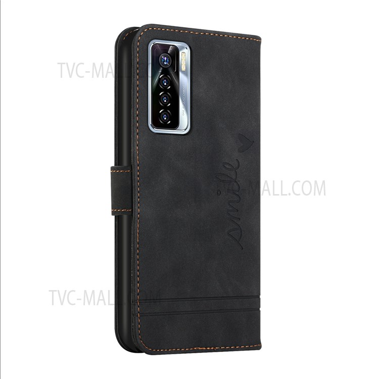 003 Series Skin-touch PU Leather Flip Case Heart Shape Imprinted Stand Wallet Cover with Strap for Infinix Tecno Camon 17 Pro - Black-3