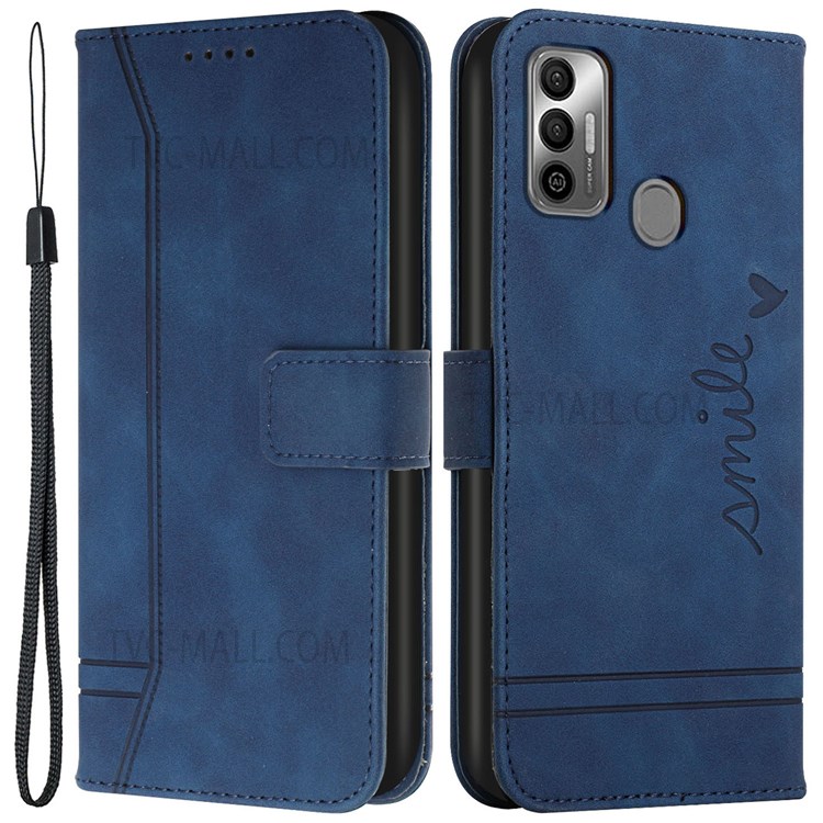003 Series Skin-touch PU Leather Flip Magnetic Shell Heart Shape Imprinted Stand Wallet Folio Phone Case with Strap for Infinix Tecno Spark 7 - Blue-1