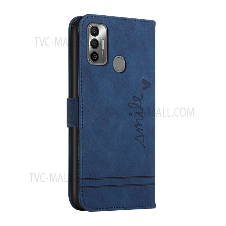 003 Series Skin-touch PU Leather Flip Magnetic Shell Heart Shape Imprinted Stand Wallet Folio Phone Case with Strap for Infinix Tecno Spark 7 - Blue-3