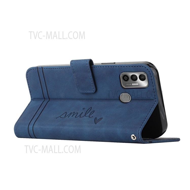 003 Series Skin-touch PU Leather Flip Magnetic Shell Heart Shape Imprinted Stand Wallet Folio Phone Case with Strap for Infinix Tecno Spark 7 - Blue-4