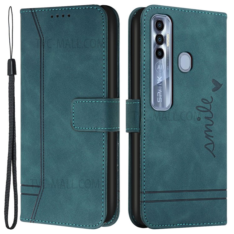 003 Series Imprinted Heart Shape Wallet Shockproof Case Skin-touch PU Leather Flip Stand Magnetic Cover with Strap for Infinix Tecno Spark 7 Pro - Green-1