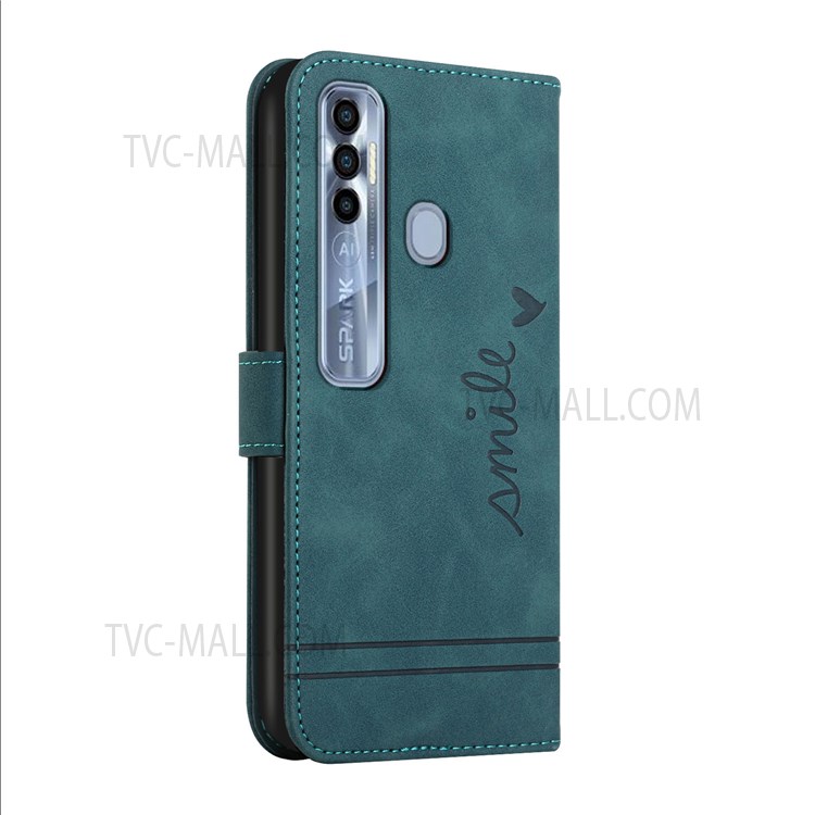 003 Series Imprinted Heart Shape Wallet Shockproof Case Skin-touch PU Leather Flip Stand Magnetic Cover with Strap for Infinix Tecno Spark 7 Pro - Green-3
