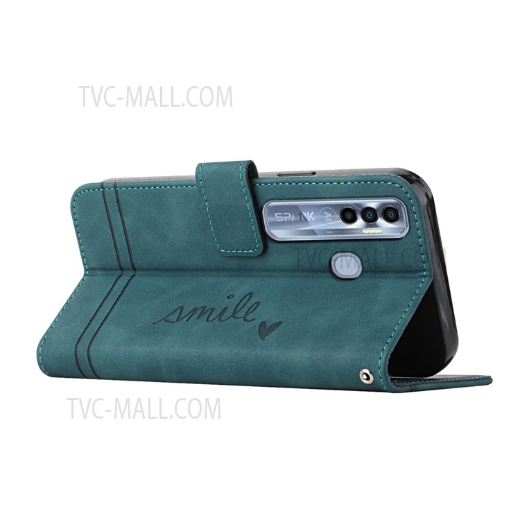 003 Series Imprinted Heart Shape Wallet Shockproof Case Skin-touch PU Leather Flip Stand Magnetic Cover with Strap for Infinix Tecno Spark 7 Pro - Green-5
