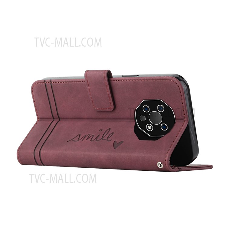 003 Series Imprinted Heart Shape Magnetic Skin-touch Feeling PU Leather Stand Flip Folio Wallet Cover with Strap for Oukitel WP13 5G - Wine Red-5