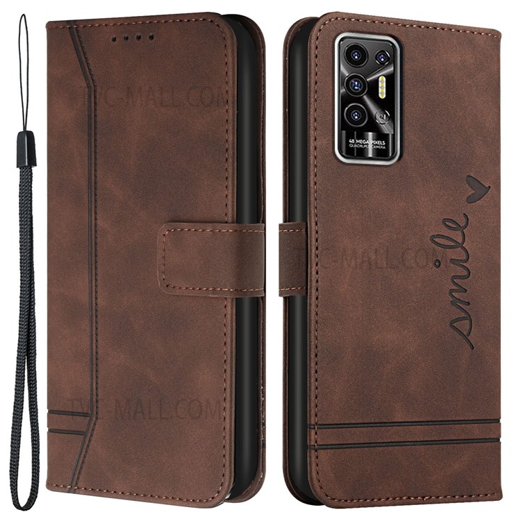 003 Series Heart Shape Imprinted Design Skin-touch PU Leather Magnetic Clasp Phone Drop-proof Cover Shell with Stand Wallet for Tecno Pova 2 - Coffee-1